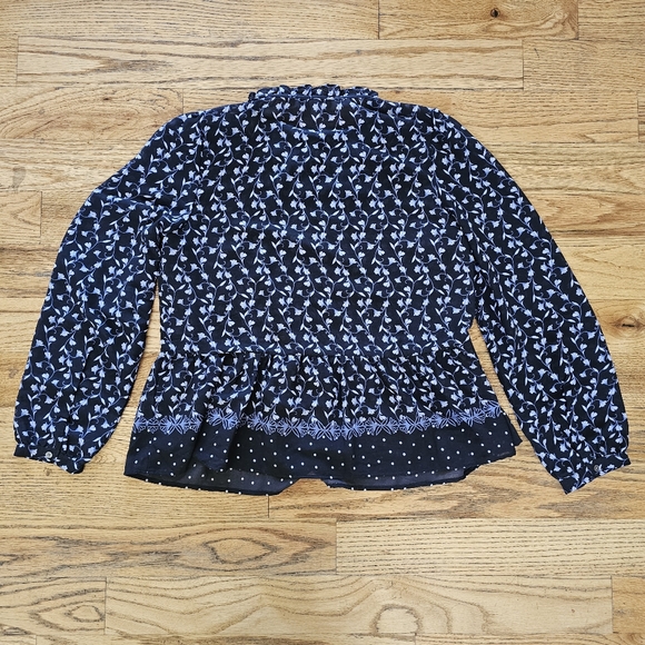LOFT Size M Peplum Blouse Navy Blue Floral Ruffle Hem Business Casual Chiffon - Picture 8 of 8